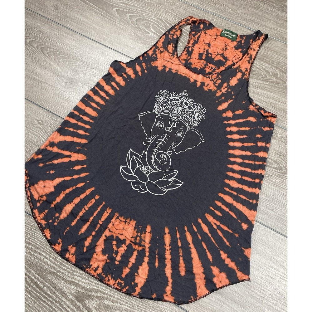 Kathmandu Women's Ganesha On Lotus Flower Sleeveless Top Tie Dye Orange Size M/L